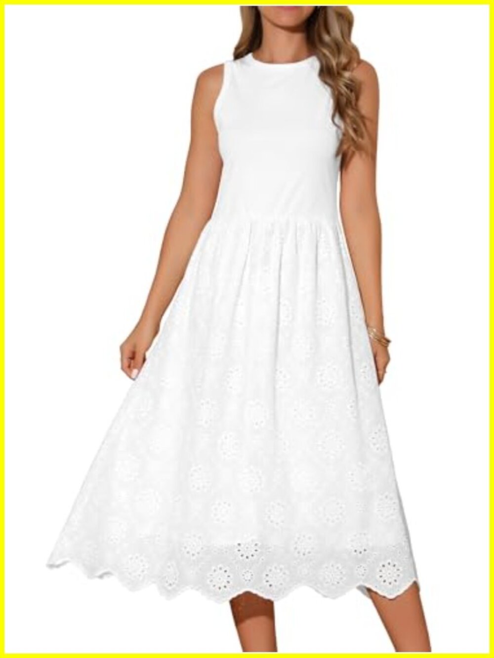 Sleeveless A-Line Midi Dress Eyelet Hem Casual Summer Tank Dress